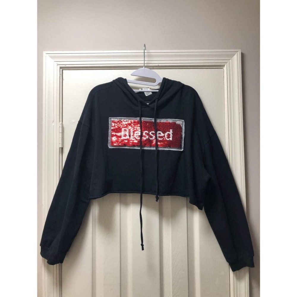 Beware sequin Blessed Faith crop black hoodie top